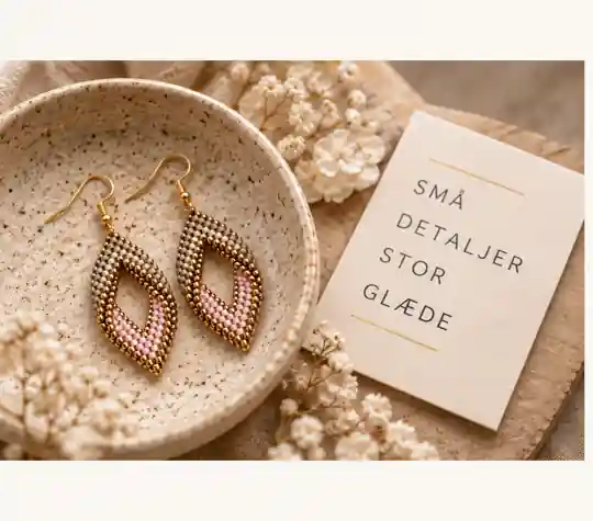 PearlsbyHeart-øreringe i en skål med kortet Små detaljer, stor glæde